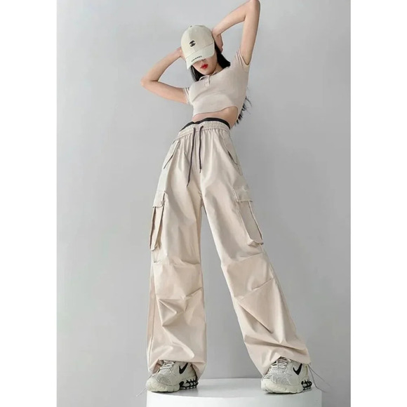 YesStyle Drawstring Street Cargo Pants, Tan & Gray, Size S Small - Picture 2 of 13